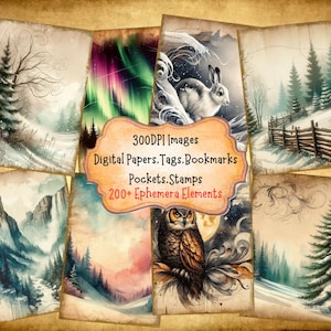 Winter Pine Forest Junk Journal Kit With Digital Papers Pockets Tags Labels Stamps Bookmarks Printable Ephemera Great For Paper Crafts