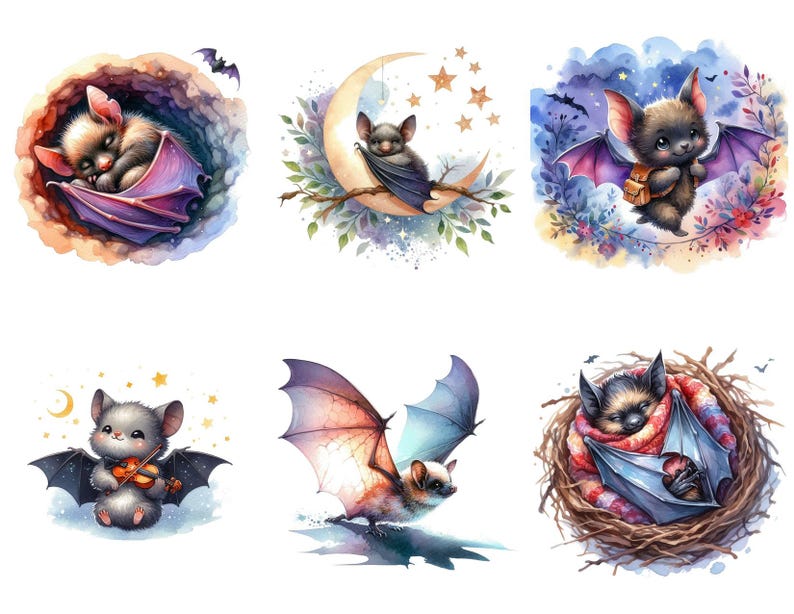 Snuggled Bat 65 Baby Bat Watercolor Clipart PNG Bundle: Digital Download PNG Files ...