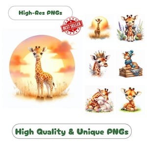 41 Baby Giraffe Watercolor Clipart PNG Images, Infant Giraffe Clipart Bundle Commercial Use Graphics For Nursery Giraffe Wall Art PNG Design