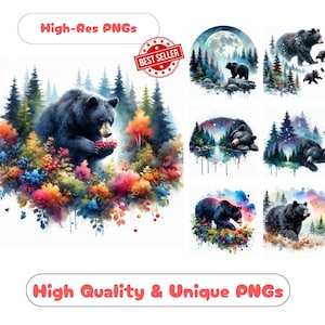 40 Black Bear And Mountain Watercolor Clipart PNG Set, Artistic Black Bear And Mountain Clipart Print Ready Designs Black Bears Wall Art