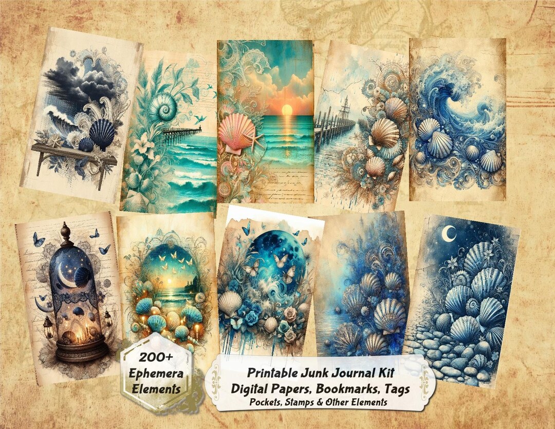 Junk Shells Blue Lace Shells Junk Journal Kit: 60 Seashell Digital Papers ...