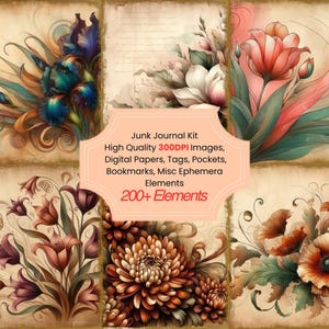 Art Nouveau Floral Junk Journal Kit With Digital Papers, Printable Papers Clipart Digital Ephemera And Tags for Paper Crafts