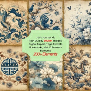 Blue and White Chinoiserie Junk Journal Kit With Digital Papers, Printable Papers Clipart Digital Ephemera And Tags for Paper Crafts