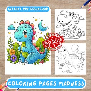 40 Dinosaur Coloring Pages for Kids & Adults – Printable PDF Coloring Book,Digital Download,Cute Dinosaurs,Coloring Pages Dino Activity
