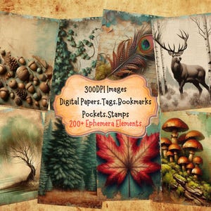 Autumn Woodland Junk Journal Kit Digital Papers Forest Pockets Printable Ephemera Rustic Tags Labels Fall Cards Bookmarks Nature
