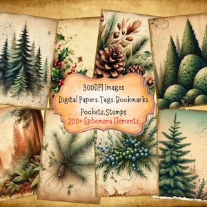 Evergreen Trees Junk Journal Kit With Digital Papers Printable Papers Clipart Digital Ephemera Pockets Labels Bookmarks Tags Paper Crafts