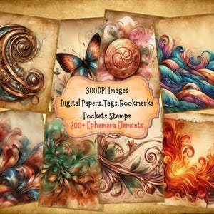 Copper Junk Journal Kit With Digital Papers Printable Images Scrapbook Papers Digital Ephemera Bookmarks And Tags for Paper Crafts