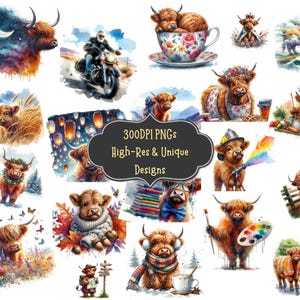 27 Funny Highland Cows Watercolor Clipart PNG Bundle with Digital PNG Illustration Files for Scrapbooking Wall Art Stickers Sublimation