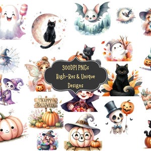 Pakiet 63 uroczych, akwarelowych klipartów z motywem Halloween w formacie PNG z kreatywnymi plikami clipart do samodzielnego sublimacji, scrapbookingu, dekoracji ściennych i zaproszeń