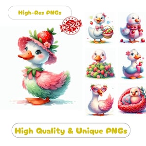 30 Strawberry Goose Clipart PNG Set, Sweet Goose Clipart Bundle Printable Graphics For Whimsical Goose Wall Art PNG Sublimation Set