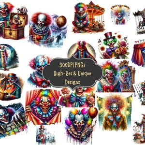 43 Terrifying Clown Watercolor Clipart PNG Bundle with PNG Digital Graphics Download for Sublimation Crafts Scrapbooking Wall Prints