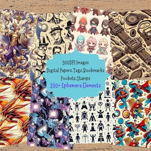 Superhero Seamless Pattern Journal Kit With Digital Papers Seamless Background Scrapbook Papers Digital Ephemera And Tags