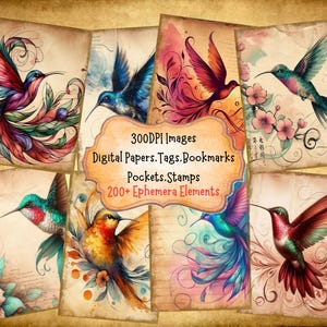 Hummingbird Junk Journal Kit With Digital Papers Printable Images Scrapbook Papers Journal Pockets Digital Art Bookmarks Tags Paper Crafts