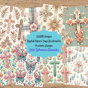 Cute Christian Cross Seamless Pattern Journal Kit With Digital Papers Seamless Background Scrapbook Papers Digital Ephemera And Tags