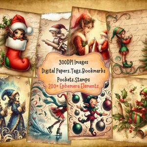 Christmas Elf Girls Junk Journal Kit With Digital Papers Digital Kit Printable Journal Digital Ephemera Bookmarks And Tags for Paper Crafts