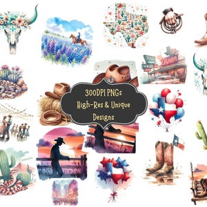 60 Texas Watercolor Clipart PNG Bundle with PNG Digital Craft Files for Wall Prints Scrapbooking Cards Stickers Invitations
