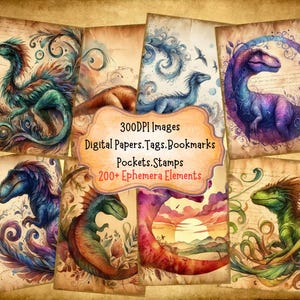 Watercolor Dinosaur Junk Journal Kit With Digital Papers Pockets Tags Labels Stamps Bookmarks Printable Ephemera Great For Paper Crafts