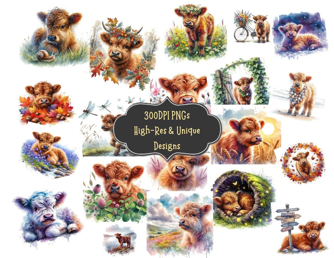 Watercolor Highland Cow Clipart Bundle: PNG Graphics (digital Download ...