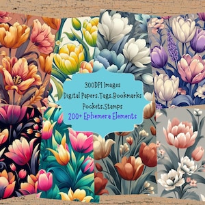 Tulip Seamless Pattern Journal Kit With Digital Papers Printable Pages Digital Backgrounds Digital Ephemera And Tags