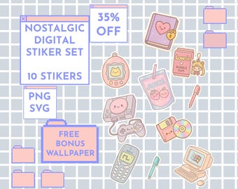Y2K Kawaii Digital Stickers: 90s-2000s PNG Set (Digital Download)