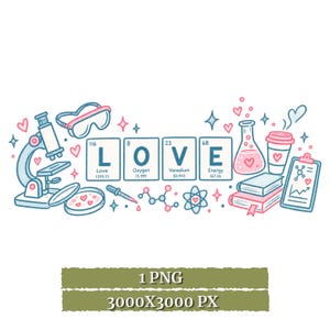 May include: A digital illustration featuring the word LOVE spelled out using periodic table elements, surrounded by science equipment including a microscope, safety goggles, a petri dish, a flask, a coffee cup, books, and a clipboard with charts.