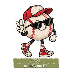 Può includere: Un personaggio di baseball in stile cartoon che indossa un cappellino da baseball rosso e bianco e occhiali da sole neri, facendo il segno di pace con una mano. Il personaggio ha braccia e gambe nere e indossa scarpe da ginnastica rosse e bianche. Testo 1 PNG 3000X3000 PX.