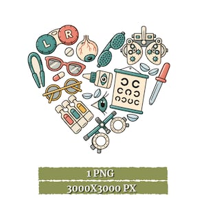 May include: A heart-shaped illustration composed of various optometry items including eyeglasses, contact lens cases marked L and R, a Snellen eye chart, a phoropter, eye drops, a dropper, and an anatomical eye, all rendered in a muted color palette.