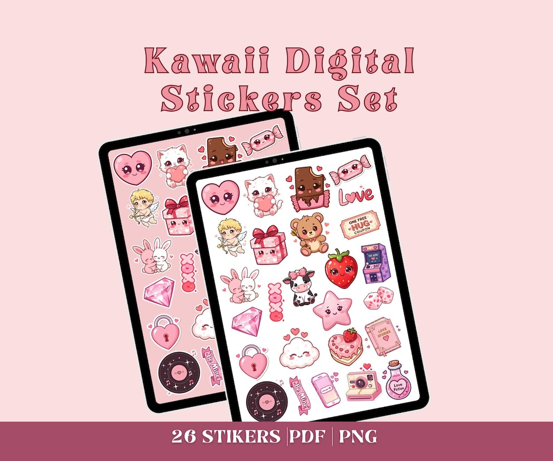 Kawaii Digital Stickers Set | Cute Pink Aesthetic Goodnotes Planner PNG ...