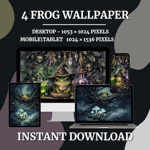 May include: Digital download featuring four frog-themed wallpapers for desktop and mobile devices. The wallpapers showcase a whimsical frog wearing a witch hat, surrounded by mystical elements. The text "4 FROG WALLPAPER" and "INSTANT DOWNLOAD" are displayed.