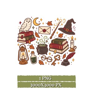May include: A digital illustration featuring a white owl, stacks of books, a crescent moon, a sealed envelope, a wand, a witch hat, a steaming cauldron, a lantern, a potion bottle, glasses, a key, a candle, and an inkwell with a quill.