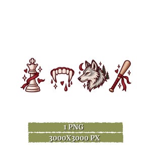 May include: A digital illustration featuring four distinct icons: a white chess king piece wrapped in a red ribbon, a set of vampire fangs with dripping blood, a grey wolf head beside a crescent moon and pine trees, and a wooden baseball bat with a red ribbon.