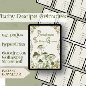 Może przedstawiać: Cyfrowy Grimoire z przepisami Witchy ze 157 stronami i hiperłączami. Tablet wyświetla tekst "Practical magic: The Kitchen Grimoire" z ilustracjami grzybów. Zawiera kompatybilność z Goodnotes, CollaNote i Noteshelf. Natychmiastowe pobieranie.