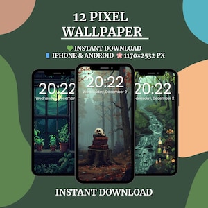 May include: Three smartphones displaying pixel art wallpapers. The wallpapers feature a window scene, a forest with a skull, and a waterfall. The text "12 PIXEL WALLPAPER" and "INSTANT DOWNLOAD" are visible.