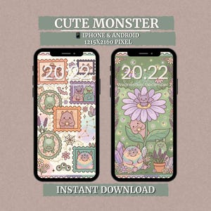 Kawaii Monster Phone Wallpaper Set, Cute Floral iPhone Lockscreen, Aesthetic Android Background PNG, Cute Monster Stamp Phone Theme
