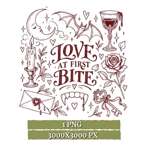 May include: A dark red line art illustration featuring the text LOVE AT FIRST BITE surrounded by a crescent moon, a bat, a goblet, a rose, a candle, a sealed envelope, vampire fangs, and a key, all accented with small hearts and stars.