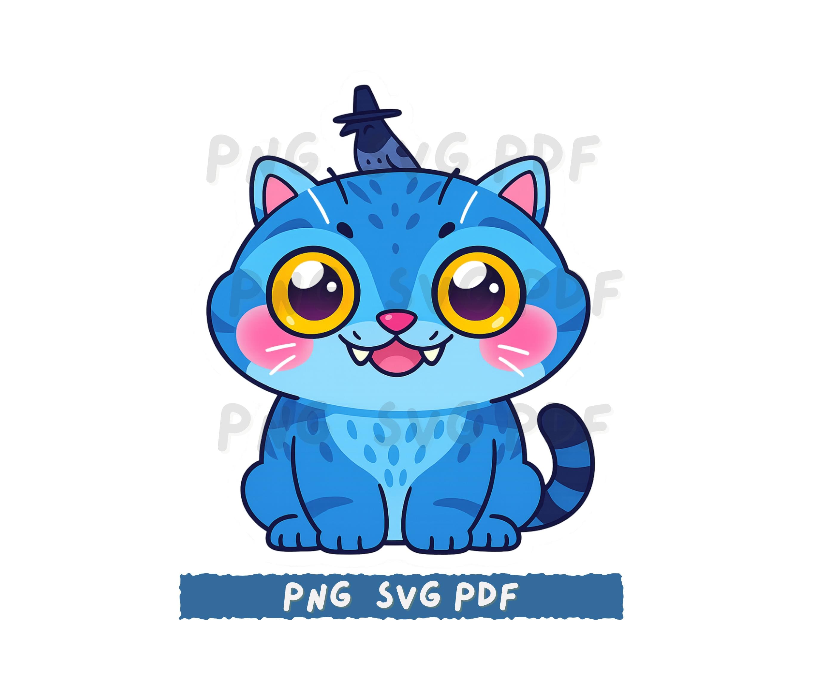 Kawaii Blue Cat Tiger Sticker | Cyber K-pop Chibi Witch Cat | Digital Download PNG SVG PDF