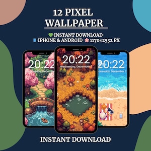 May include: Three smartphones displaying pixel art wallpapers. The wallpapers feature a bridge over a stream, a pond with mushrooms, and a beach scene. The text "12 PIXEL WALLPAPER" and "INSTANT DOWNLOAD" are visible.