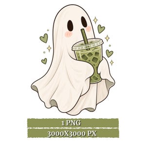 Pode incluir: Uma ilustração digital de um fantasma branco com bochechas rosadas segurando um copo de plástico transparente cheio de uma bebida gelada verde com um canudo. O fantasma está rodeado por corações verdes e estrelas. O texto diz 1 PNG 3000X3000 PX.