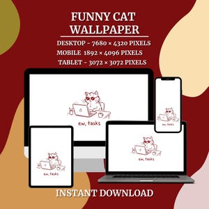 Puede incluir: Un conjunto de fondos de pantalla digitales con un gato de dibujos animados con gafas de sol y trabajando en un portátil, con el texto "ew, tasks". La imagen se muestra en un ordenador de sobremesa, un portátil, una tableta y un smartphone.