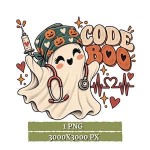 Halloween-Krankenschwester (PNG), Code-Boo-Geisterkrankenschwester, Gruseliges Pflegedesign, Niedliches T-Shirt für Pflegekräfte, Geschenk für Krankenpflegestudierende, Medizinischer Sublimationsdruck