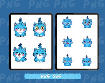Kawaii Blue Cat Demon Tiger Digital Stickers PNG SVG | Cute Derpy Cat Emotion Pack | Anime Style Animal Hunter Clipart |Demon Hunters