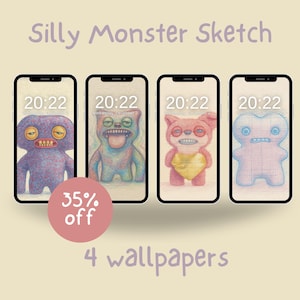 Weird Plush Monster Phone Wallpapers - Funny Creepy Cute Sketch Art (Set of 4)