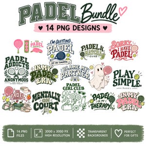 Puede incluir: Un paquete digital de 14 diseños PNG con temática de pádel que incluye varias ilustraciones de palas, pelotas y frases como Padel Addicts Anonymous, In My Padel Era y Mentally On Court. Los gráficos utilizan una paleta de colores verde, rosa y negro.