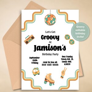 Groovy Birthday Invitation: Roller Skate Party, Birthday Party, 90s Party, Peace party, Hippe Birthday, Groovy Party, 70s party, Retro party