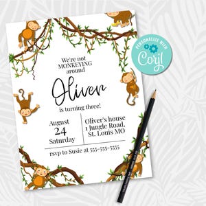 Monkey Birthday Invitation: Jungle Birthday, Safari Birthday, Birthday Invitation, Corjl Invitation, Editable Invite, Money Birthday, Boy