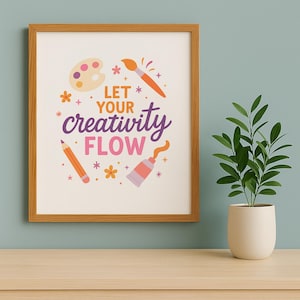 May include: A framed art print with a wooden frame. The print features a colorful illustration with the words "Let Your Creativity Flow." It includes images of a paintbrush, pencil, paint palette, and paint tube. The background is white.