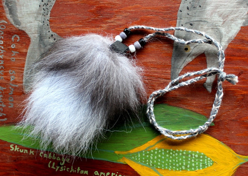 Real blue dyed Tundra fox tail fur necklace with braided cord and glass beads holidays more simple nature jewelry for costumes