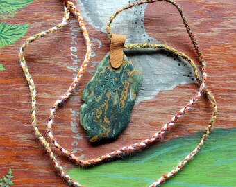 Tumbled agate and leather necklace with hand-braided yarn cord - simple nature jewelry