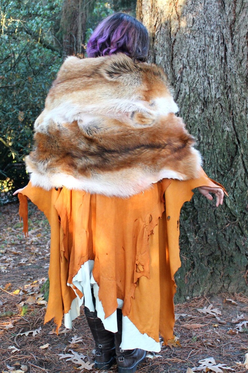 Red coyote fur and deerskin leather cape cloak hand sewn Etsy