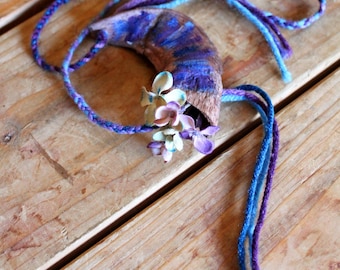 Cool Spring - art necklace made with painted goat horn, faux flowers, braided yarn